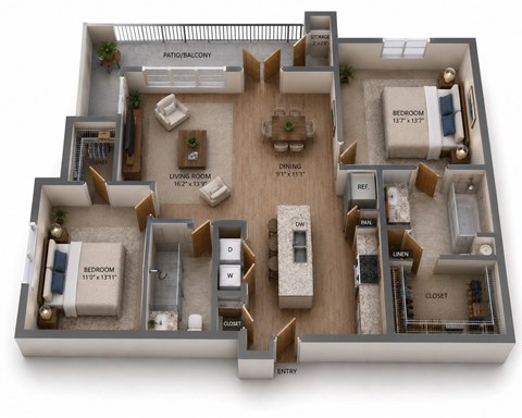 Floor plan for 2 beds, 2 baths, 1228 sqft